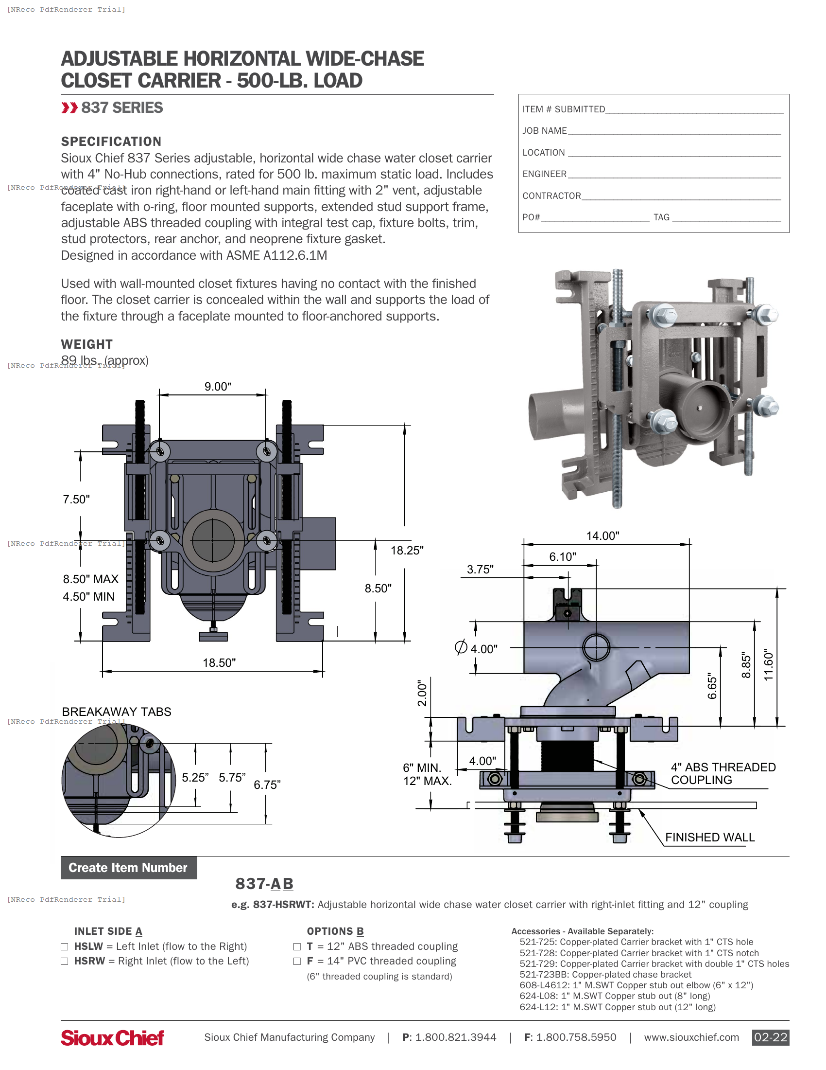 837-HS SERIES - WIDE-CHASE CLOSET CARRIER - SPEC SHEET.PDF Specification Document